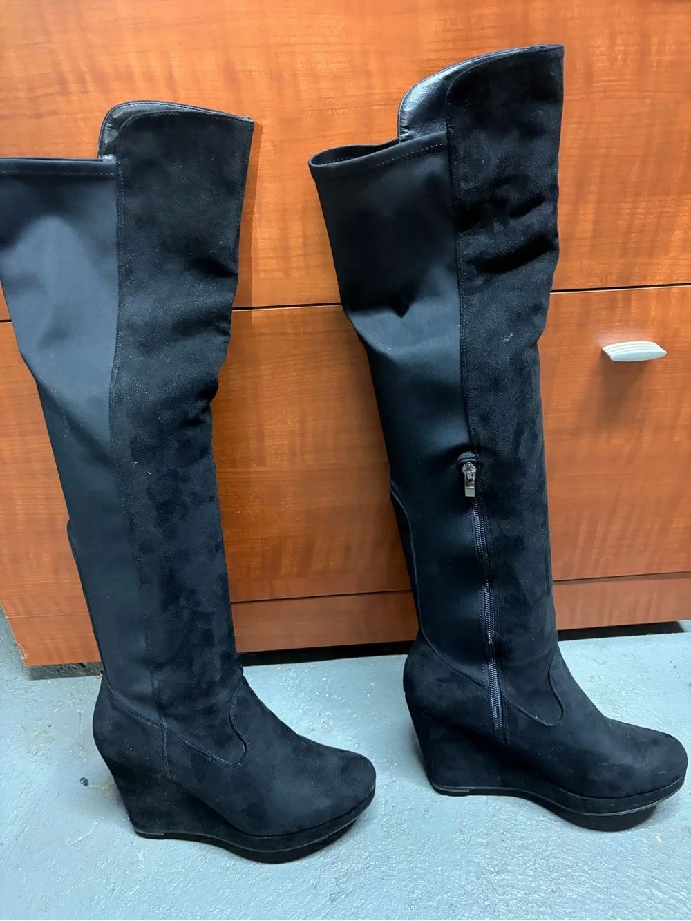 Black Suede Over-the-Knee Boots wedge heel